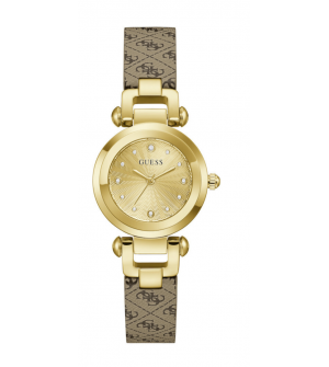 GUESS Ginger GW1021L2 Γυναικείο Ρολόι Quartz 30mm με Χρυσό Καντράν, Δερμάτινο Λουράκι Καφέ και Πέτρες