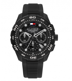 Ανδρικό Ρολόι Tommy Hilfiger 1792233 , Quartz, 44mm, Μαύρο Καντράν, Μαύρο Λουράκι Σιλικόνης, 24ωρη Ένδειξη, Ημέρα & Ημερομηνία, 10 ATM