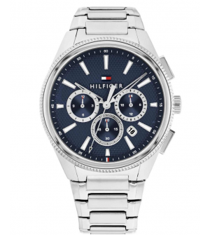 Tommy Hilfiger Sam 1792253 Ανδρικό Ρολόι Χρονογράφος 43mm με Ασημί Μπρασελέ και Μπλε Καντράν