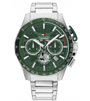 Tommy Hilfiger Bank Chrono 1792293 Ανδρικό Ρολόι Χρονογράφος 44mm με Πράσινο Καντράν και Ασημί Μπρασελέ