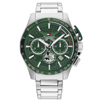 Tommy Hilfiger Bank Chrono 1792293 Ανδρικό Ρολόι Χρονογράφος 44mm με Πράσινο Καντράν και Ασημί Μπρασελέ Tommy Hilfiger Bank Chrono 1792293 Ανδρικό Ρολόι Χρονογράφος 44mm με Πράσινο Καντράν και Ασημί Μπρασελέ