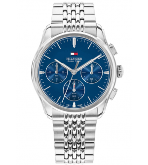 Tommy Hilfiger Empire 1710811 Ανδρικό Ρολόι Χρονογράφος με Διπλή Ώρα, Μπλε Καντράν & Ασημί Μπρασελέ 38mm