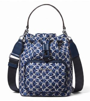 Michael Michael Kors Khai SM Bucket Messenger 35T5S5FM5G-NAV Γυναικεία Τσάντα Ώμου & Χιαστί Navy, Signature MK Logo Coated Canvas με Δερμάτινες Λεπτομέρειες