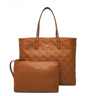 GUESS Adelasia HWQL9658240-CAR Γυναικεία Τσάντα Shopper Καφέ, Χωράει A4, Μαγνητικό Κούμπωμα, Μεταλλικά Ποδαράκια, Εσωτερικές Τσέπες